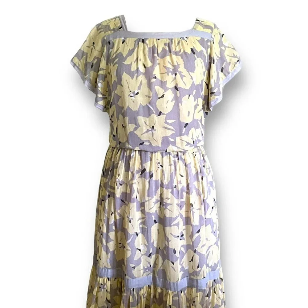 Vintage 80s Womens Midi Dress Sz M Gray Yellow Floral Boho Blouson Cotton Gauze - Picture 3 of 11
